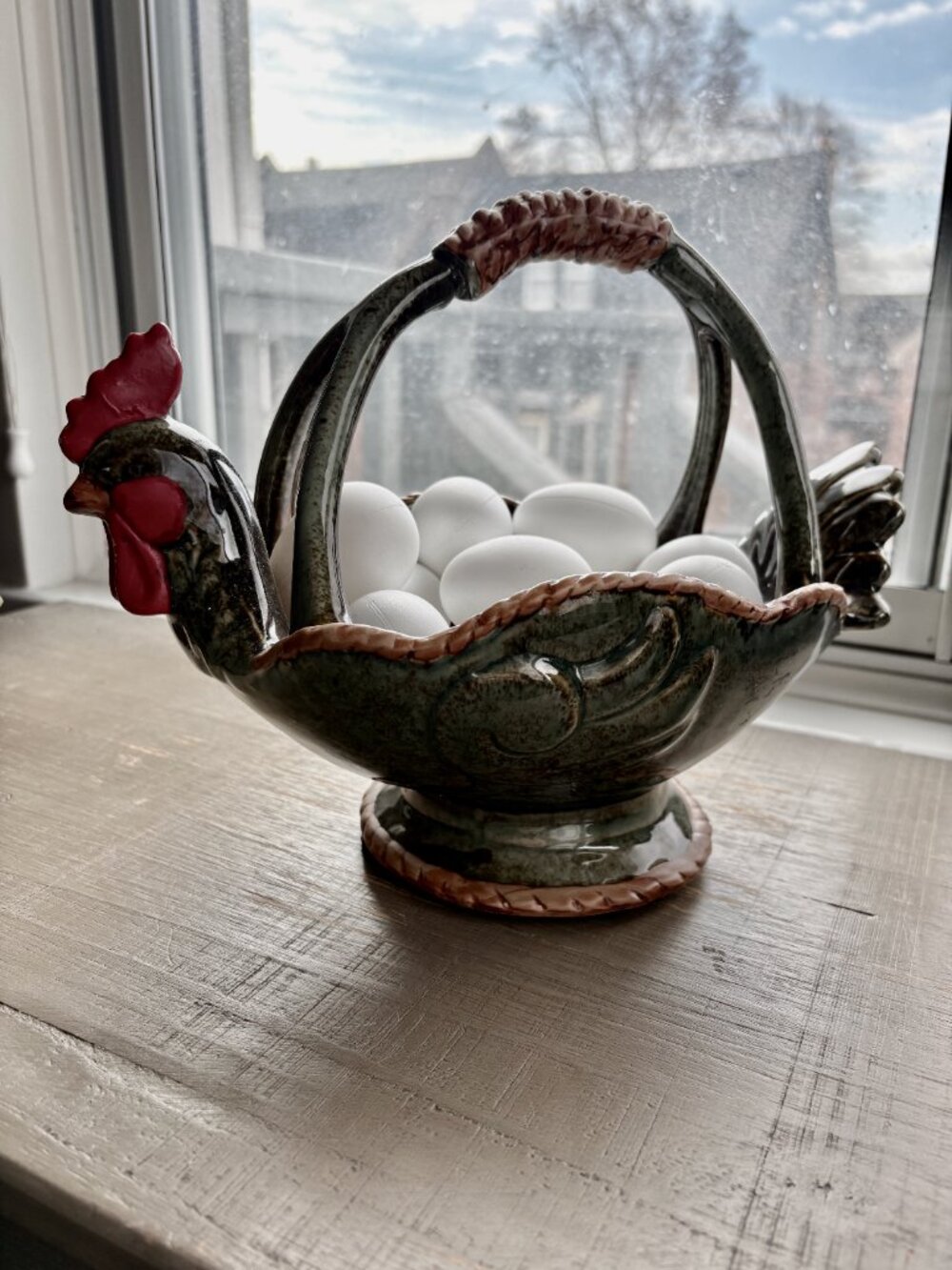 Vintage Ceramic Rooster Egg Basket - Green with Red Accents